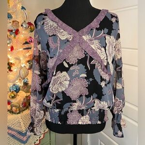 Cato Purple Blue Black Floral Ruffle Shabby Chic Smock Hem Poet Blouse Sz L
